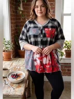 Upcycled Mixed Media Plaid Heart Patch Top XL Handmade